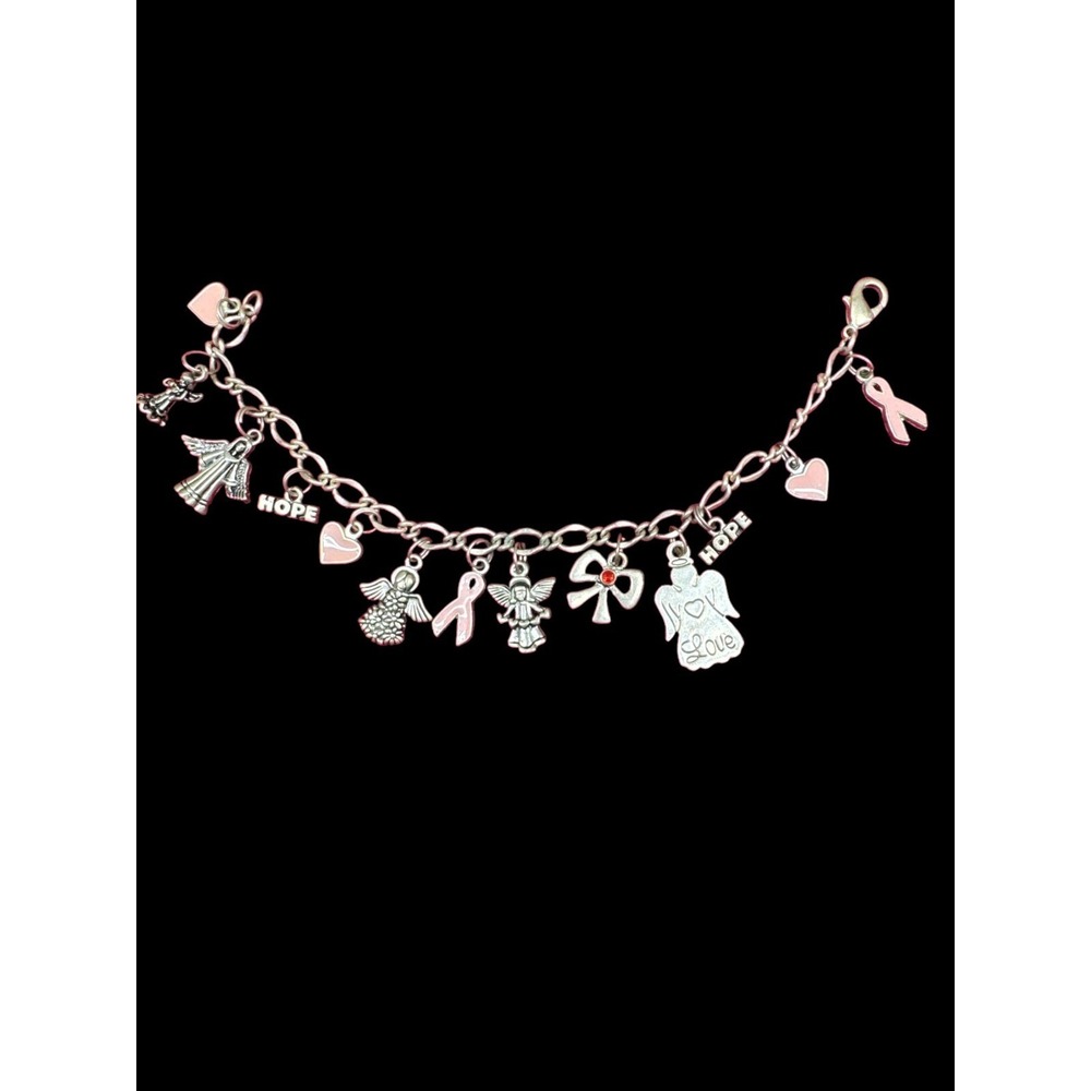 Silver Chain Link Charm Bracelet Breast Cancer Awareness Hope Love Heart Angels